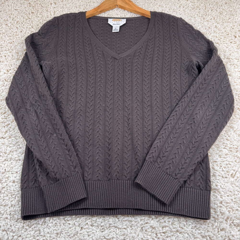 Talbots Sweater Women Petite P Brown Excellent Pima Cotton Cable Knit V-Neck